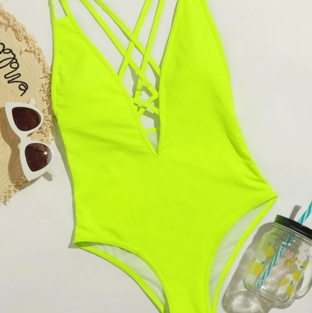 NWT Neon Lime Criss Cross Plunging One Piece